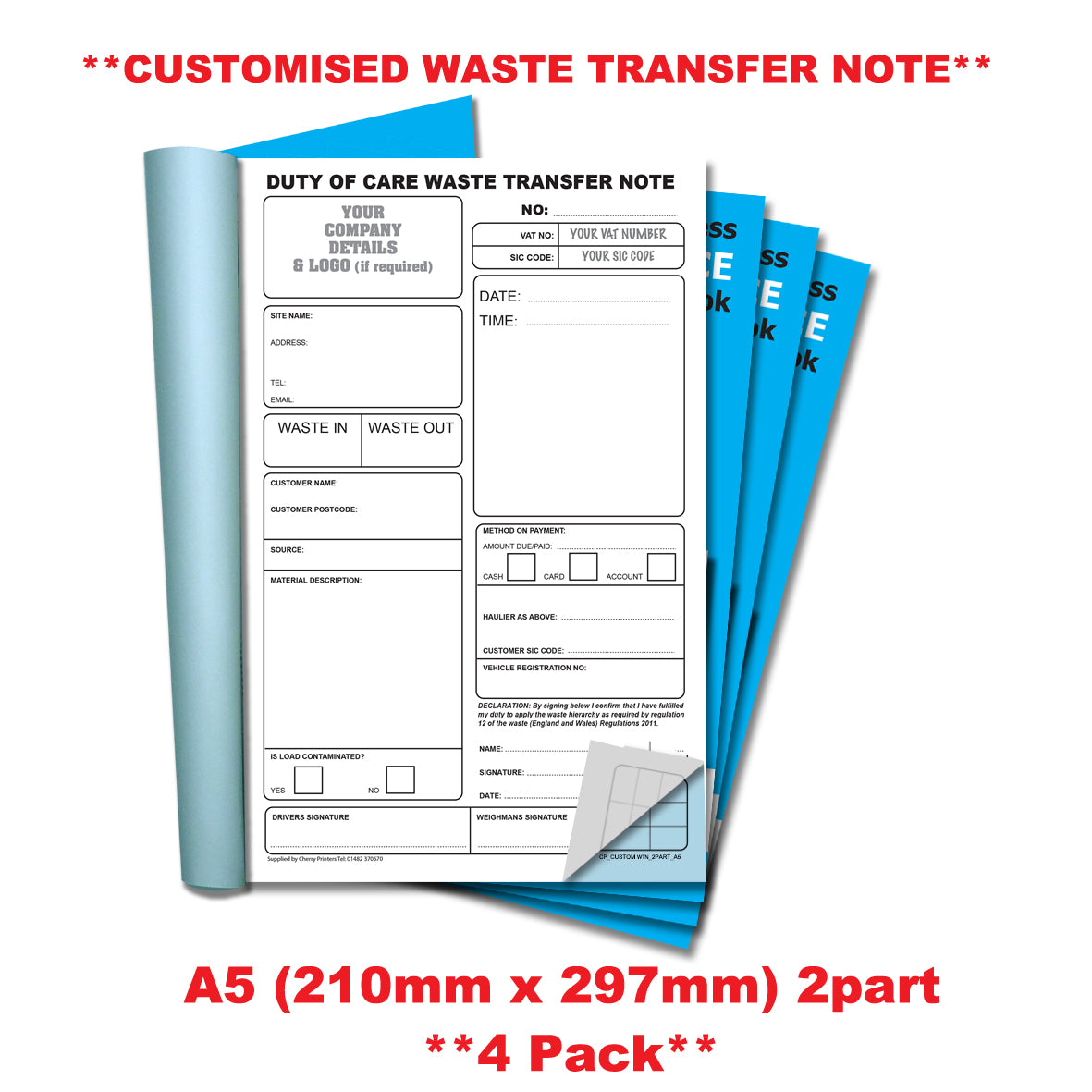 Duty of Care Waste Transfer Notes - A4 personalised 3-part