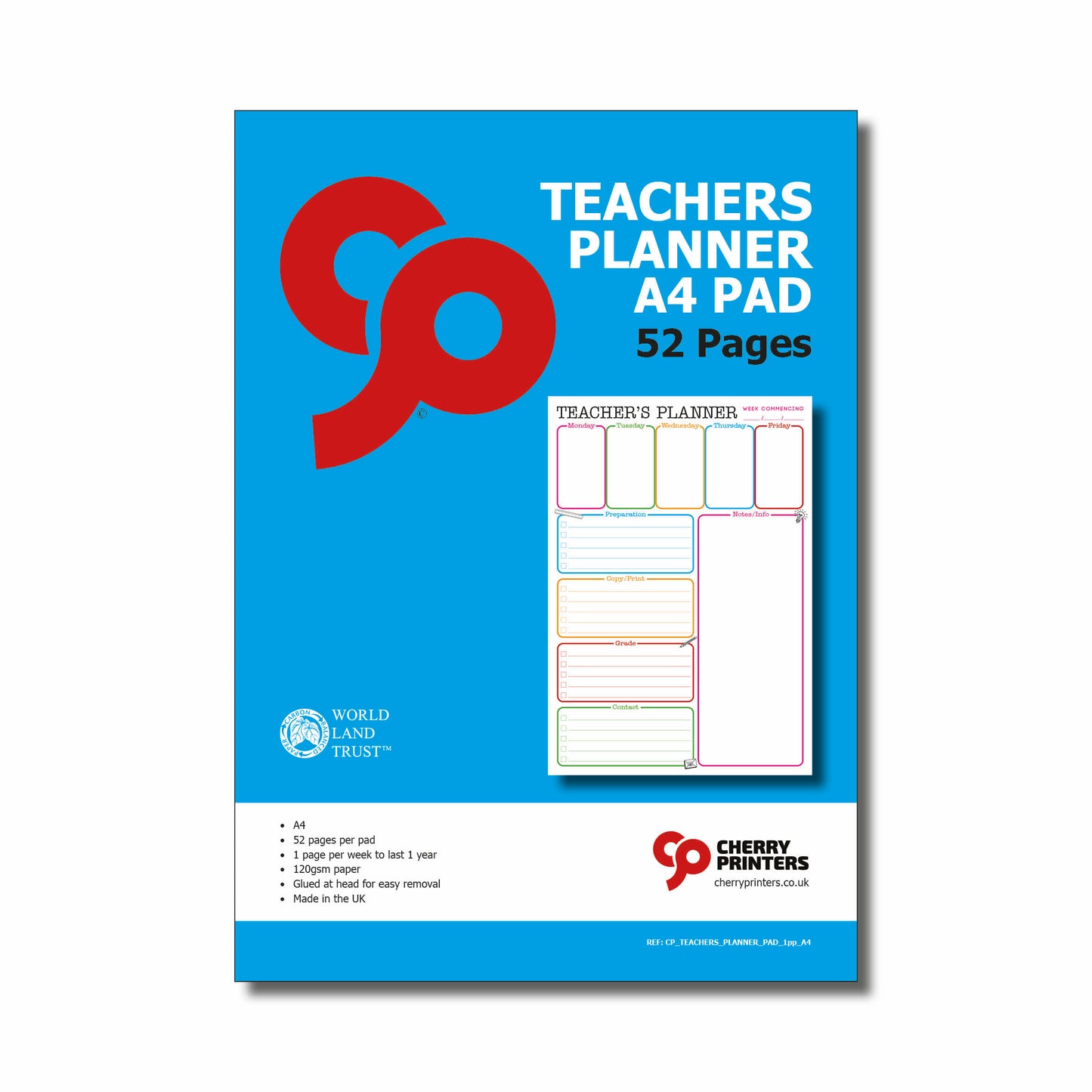 Teachers Planner Pad | A4 210mm x 297mm | 120gsm 52 pages | Glued at head for easy removal