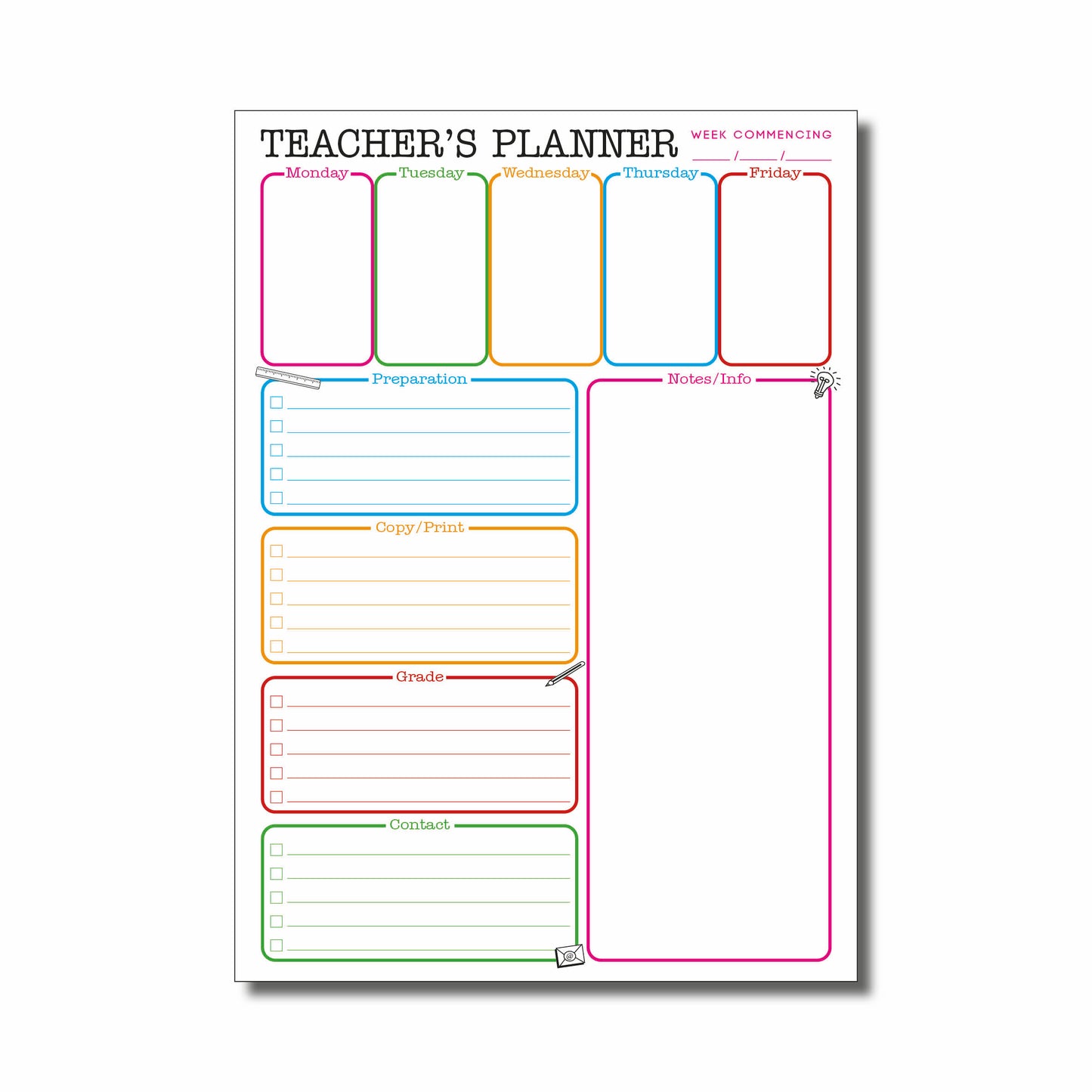 Teachers Planner Pad | A4 210mm x 297mm | 120gsm 52 pages | Glued at head for easy removal