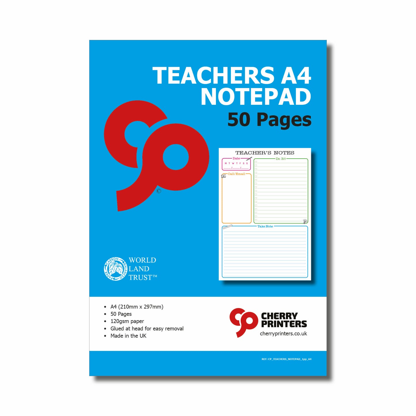 Teachers A4 Note Pad | A4 210mm x 297mm | 120gsm 50 pages | Glued at head for easy removal