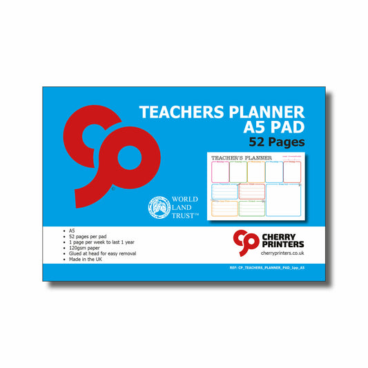 Teachers Planner Pad | A5 148mm x 210mm | 120gsm 52 pages | Glued at head for easy removal