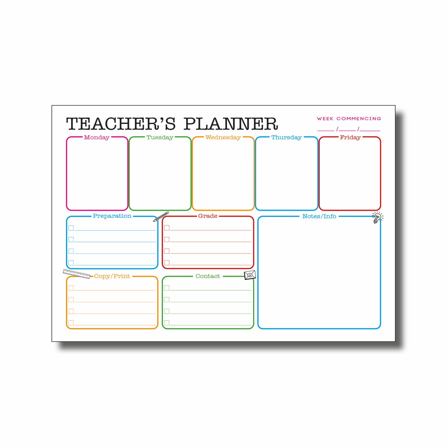 Teachers Planner Pad | A5 148mm x 210mm | 120gsm 52 pages | Glued at head for easy removal