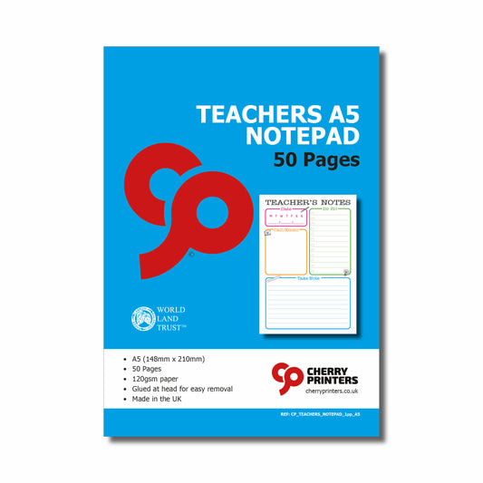 Teachers A5 Note Pad | A5 148mm x 210mm | 120gsm 50 pages | Glued at head for easy removal