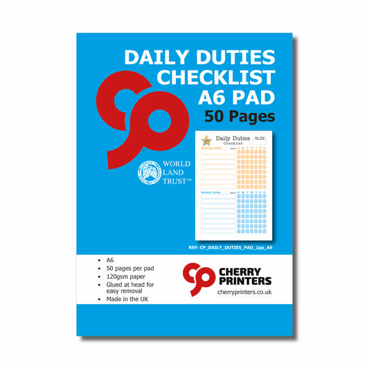 Daily Duties Checklist Pad | A6 | 50 Pages 120gsm | Glued Pages for easy removal