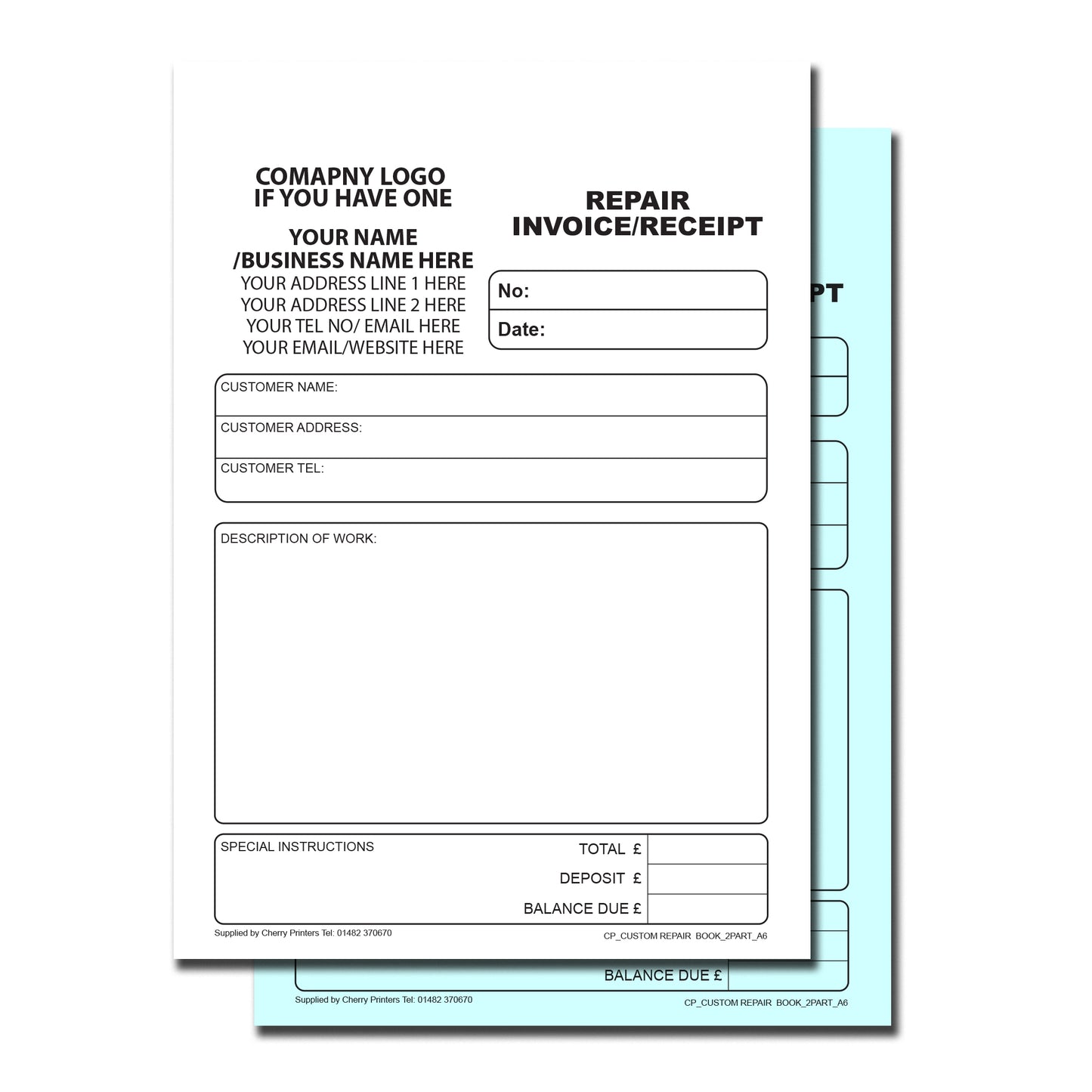 NCR *CUSTOM* Repair Invoice/Receipt Duplicate Book A6 | 8 Book Pack