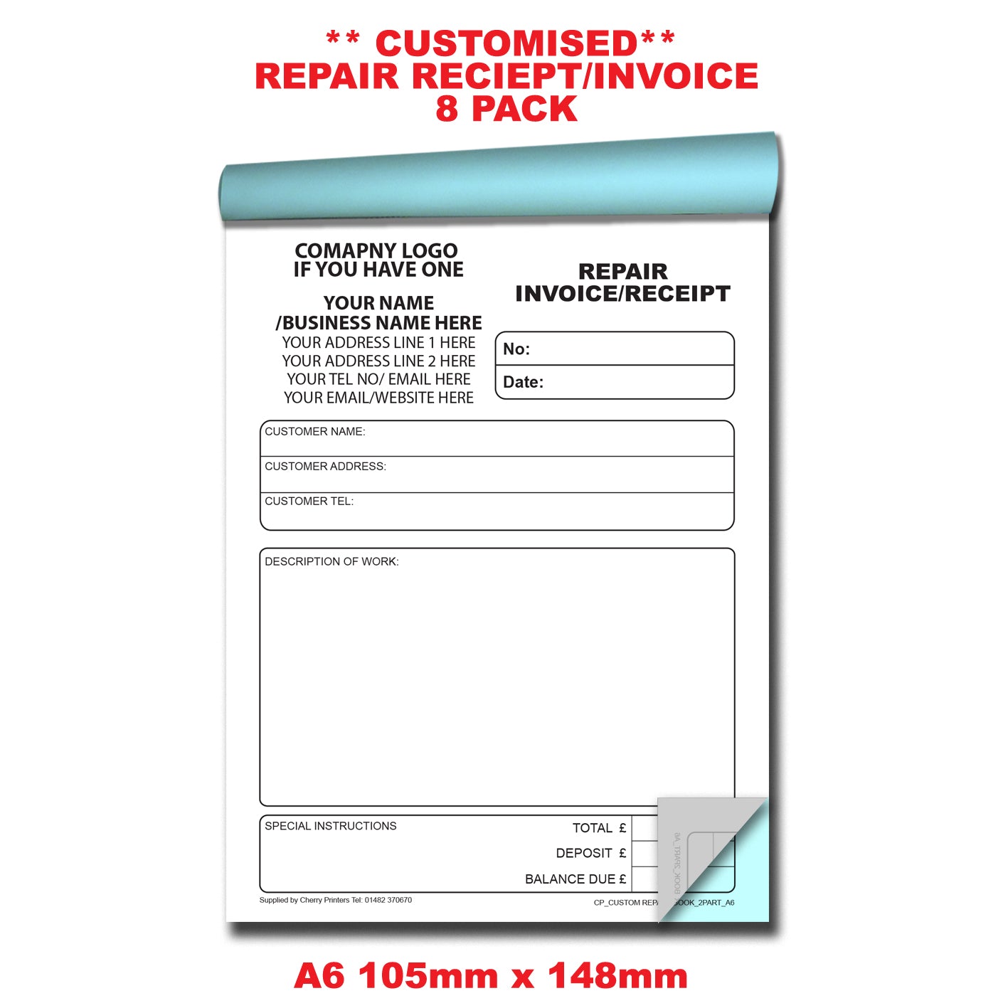 NCR *CUSTOM* Repair Invoice/Receipt Duplicate Book A6 | 8 Book Pack