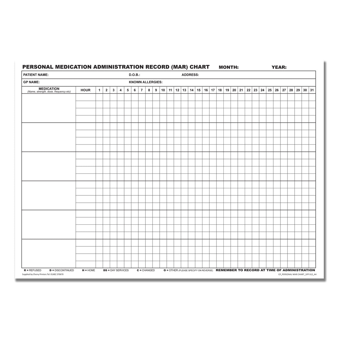 Personal MAR Chart (Medication Administration Record) Pad A4 12pages 3