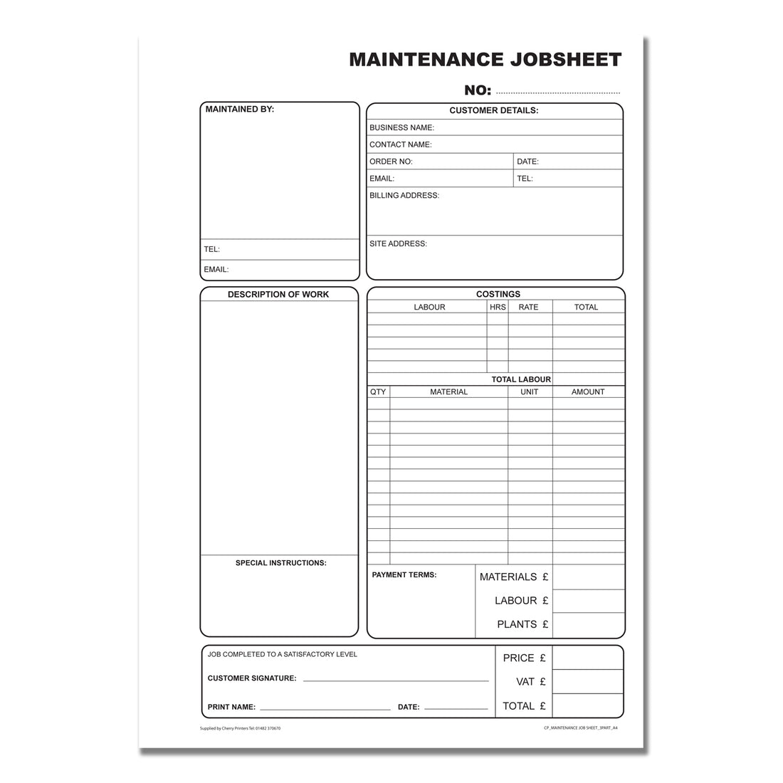 NCR Maintenance Job Sheet Book A4 Triplicate – Cherry Printers UK