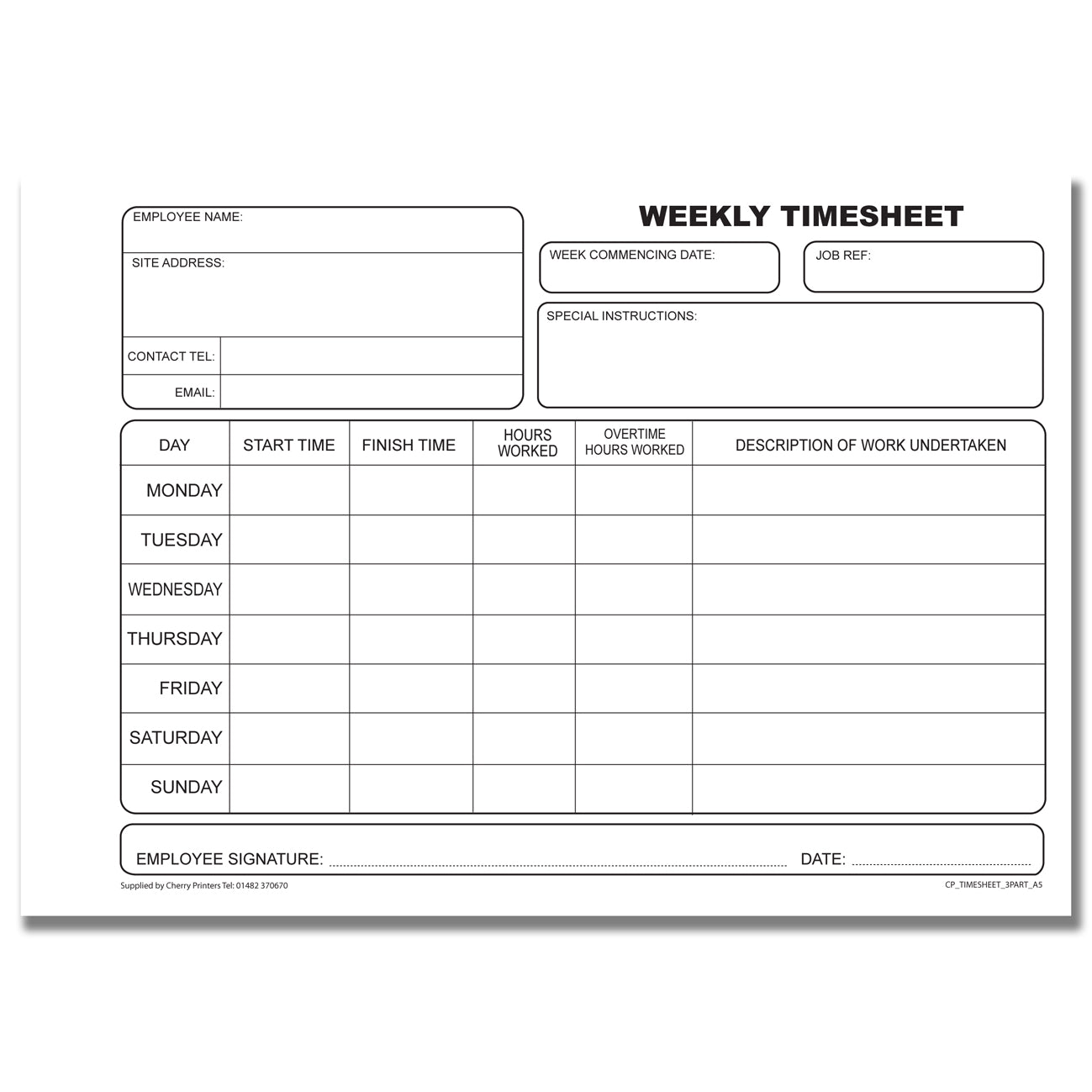 NCR Weekly Timesheet Triplicate Book A4